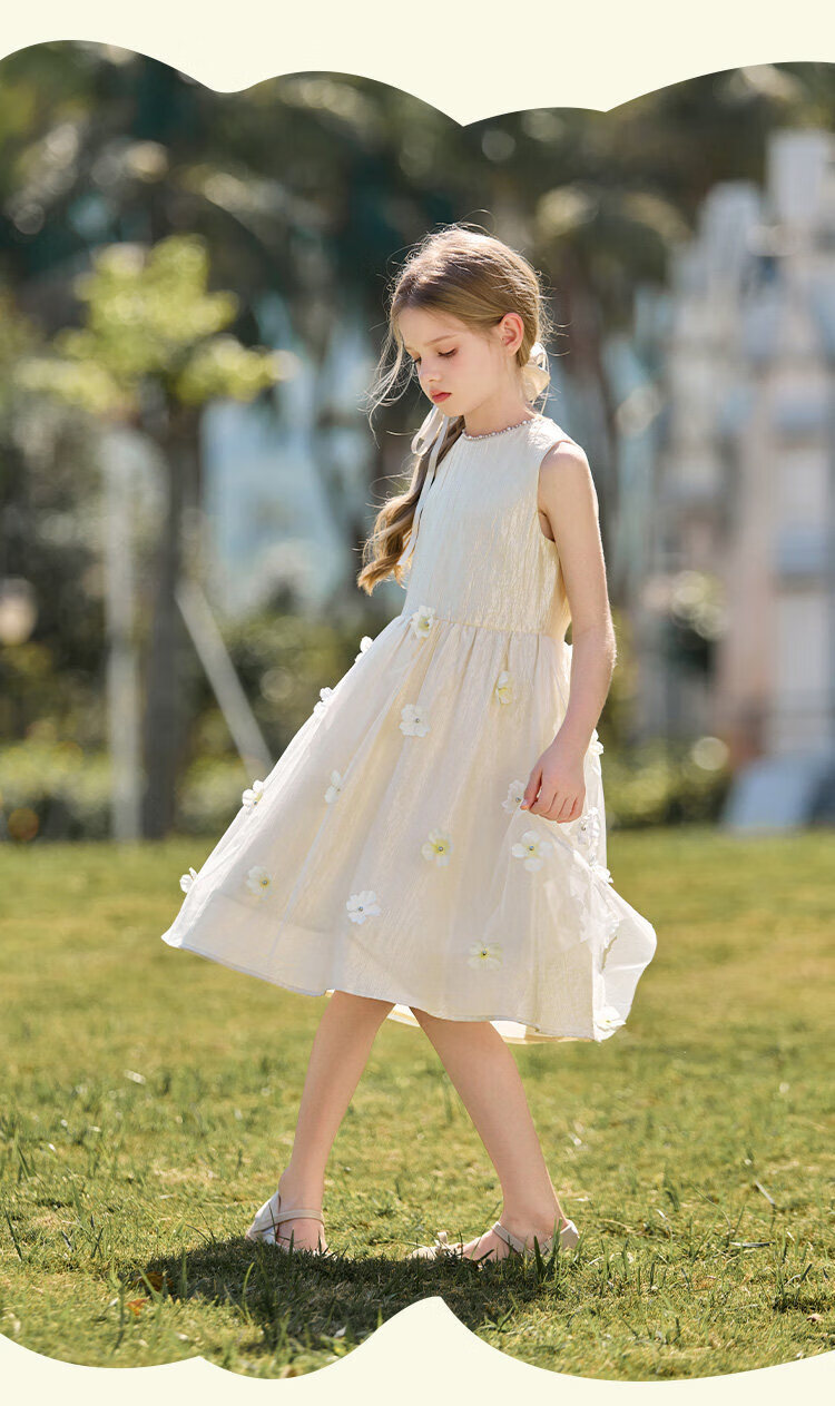CHANZUIGOU Girls' French High-End Princess Dress 2026 Summer New Stylish Round Neck Floral Satin Dress 19